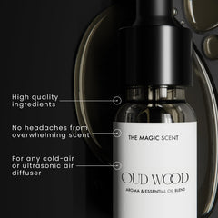 Oud Wood diffuser oil bottle label highlighting notes and safety
