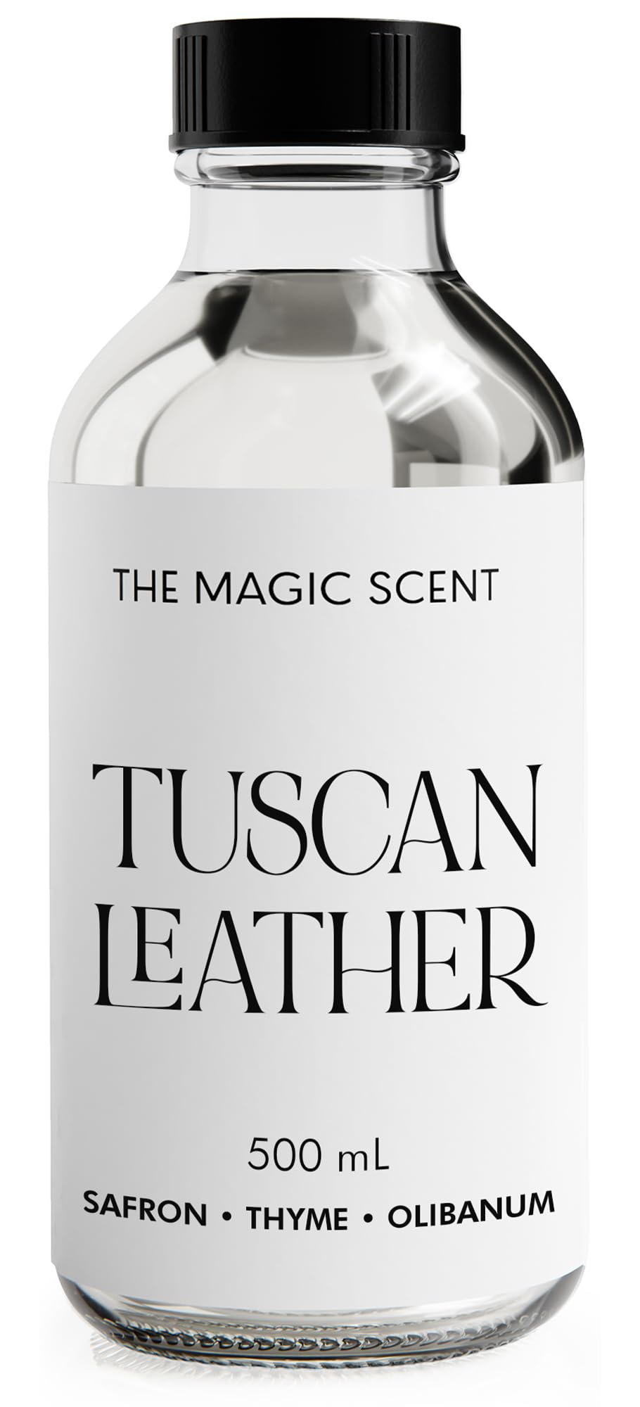The Magic Scent Tuscan Leather diffuser oil bottle for refined home fragrance.