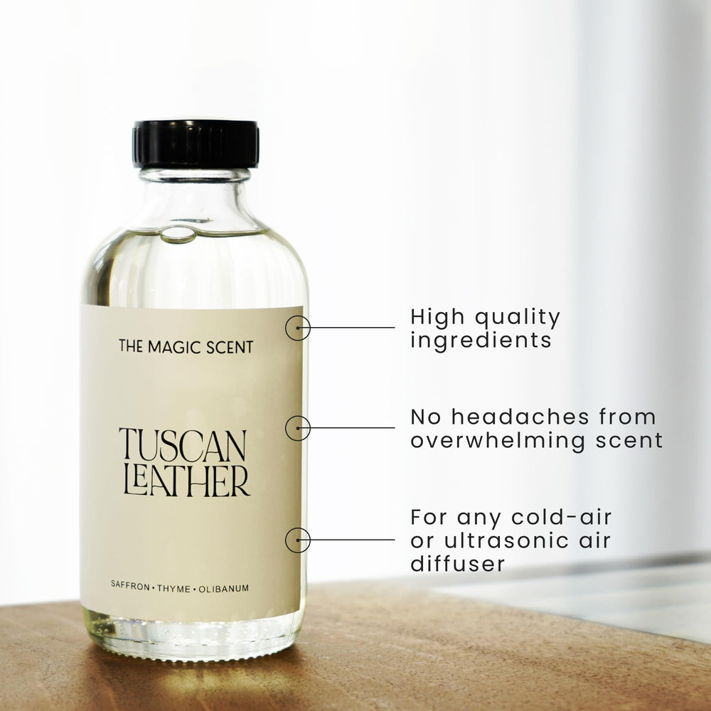 Clear glass bottle of The Magic Scent Tuscan Leather diffuser oil.