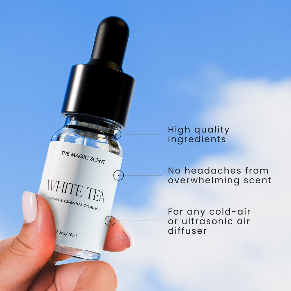 Amber-cedarwood-vanilla notes from The Magic Scent White Tea diffuser oil enrich atmosphere.