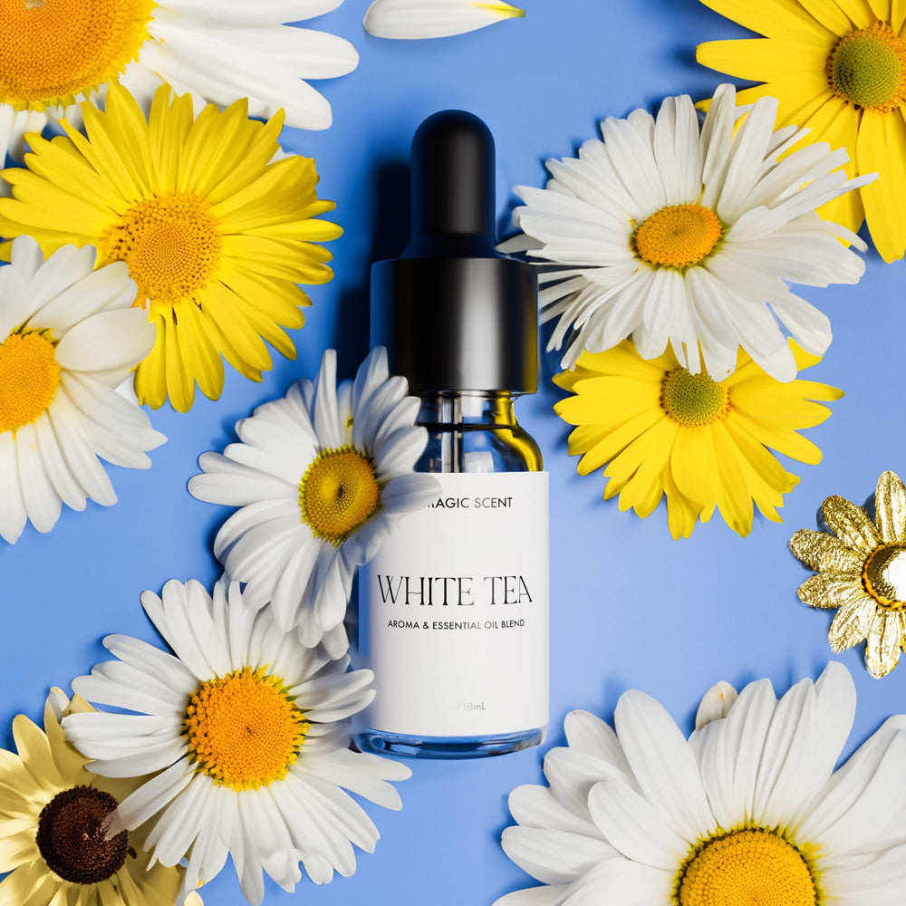 Home spa-ready aroma from The Magic Scent White Tea diffuser oil.