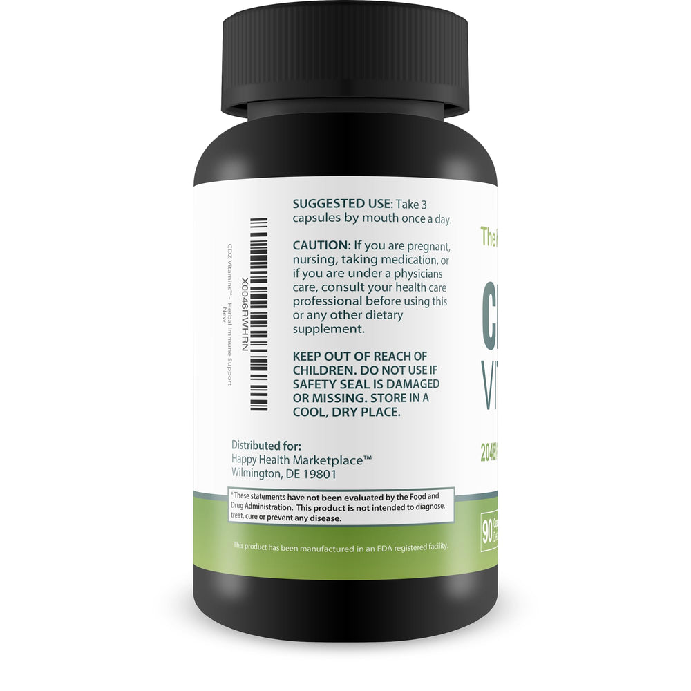 CDZ Vitamins label packaging emphasizes vitamin C, D, and zinc potency.