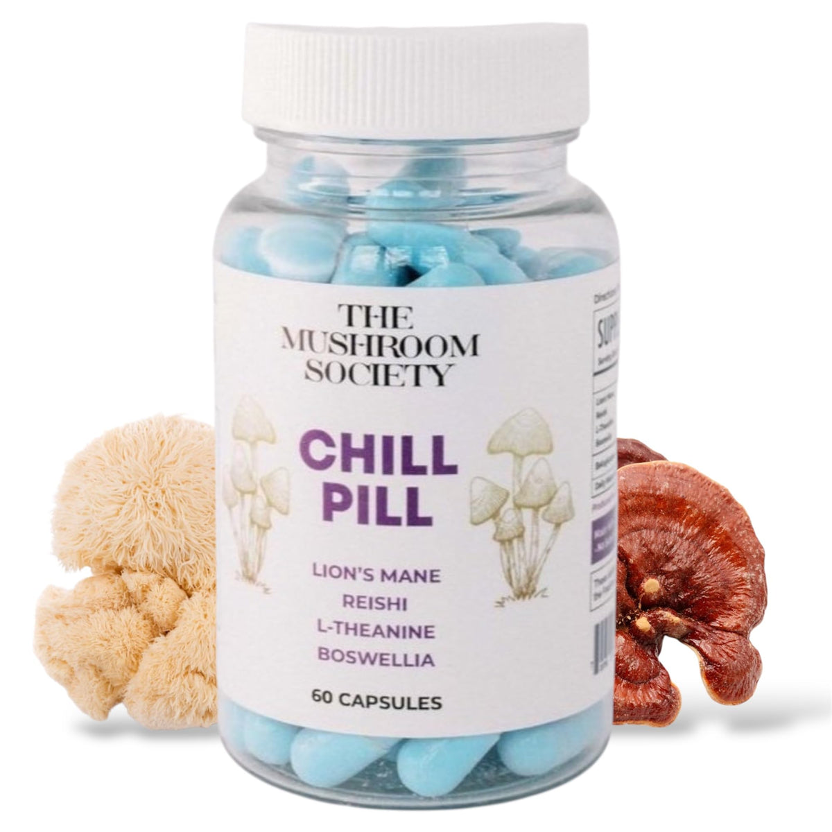 The Mushroom Society Chill Pill bottle on a desk, promoting calm and daily resilience.