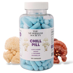 The Mushroom Society Chill Pill bottle promotes calm and daily stress support.