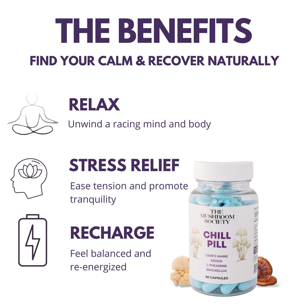 Close-up of Chill Pill capsules, Lion’s Mane formula supporting mental clarity.