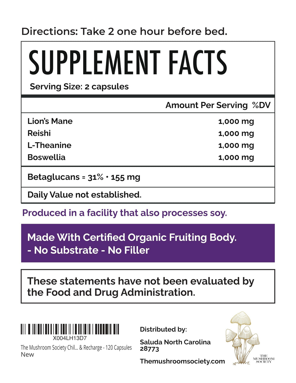 Closeup of The Mushroom Society Chill Pill label shows clean ingredients.