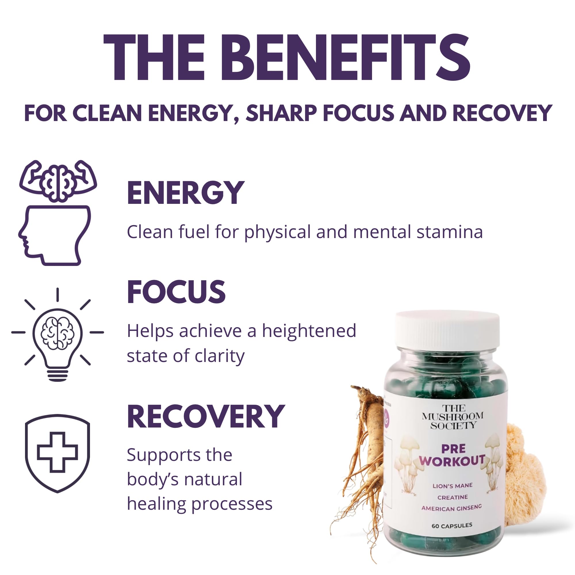 The Mushroom Society Creatine-dosed capsule emphasizes strength support for training and faster recovery.