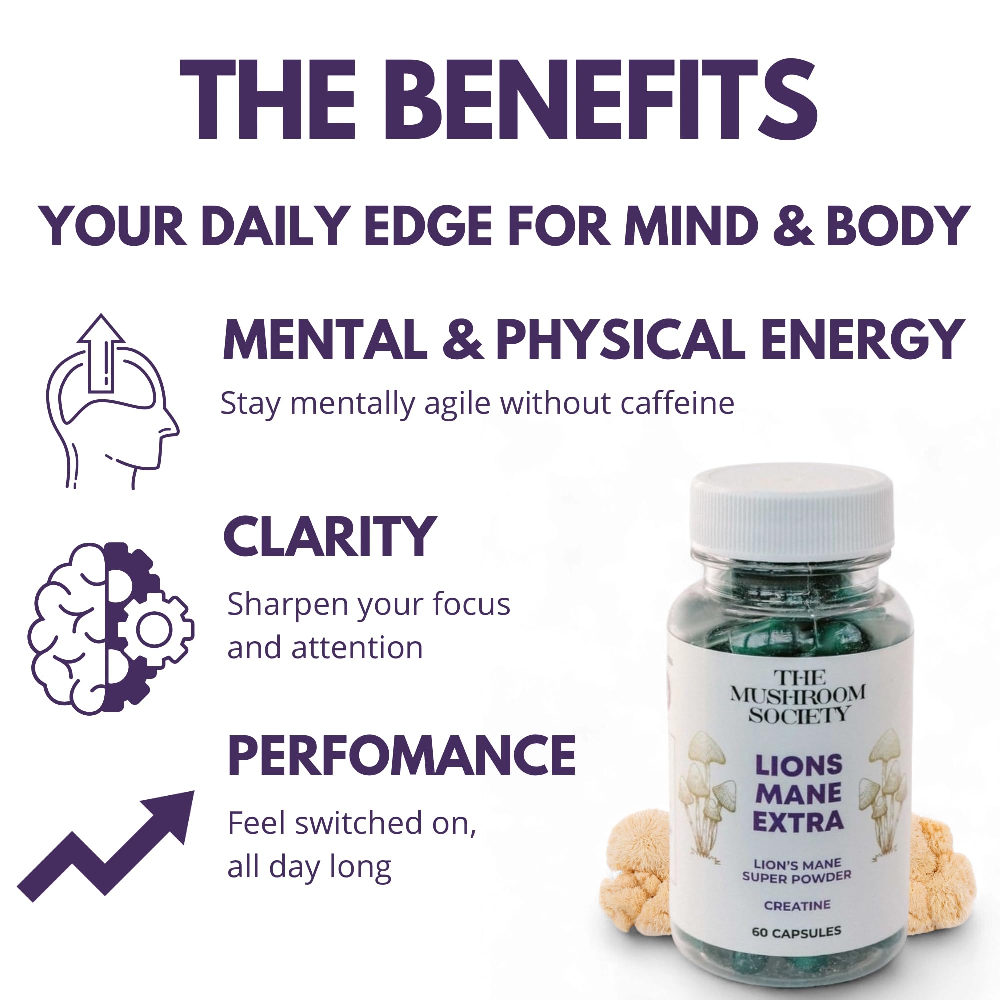 The Mushroom Society Lion’s Mane Extra capsules close-up highlighting vegan formula.