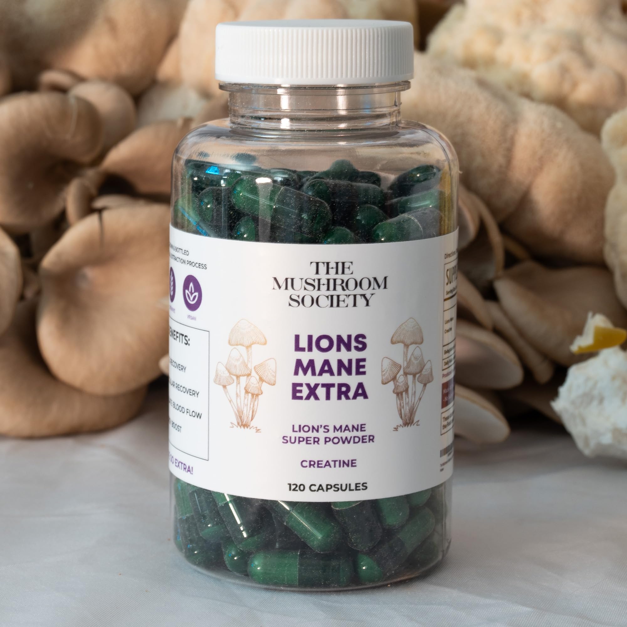 The Mushroom Society Lion’s Mane Extra packaging emphasizing vegan, clean label.