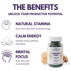 The Mushroom Society Morning Rush bottle side showing capsules for on-the-go energy.