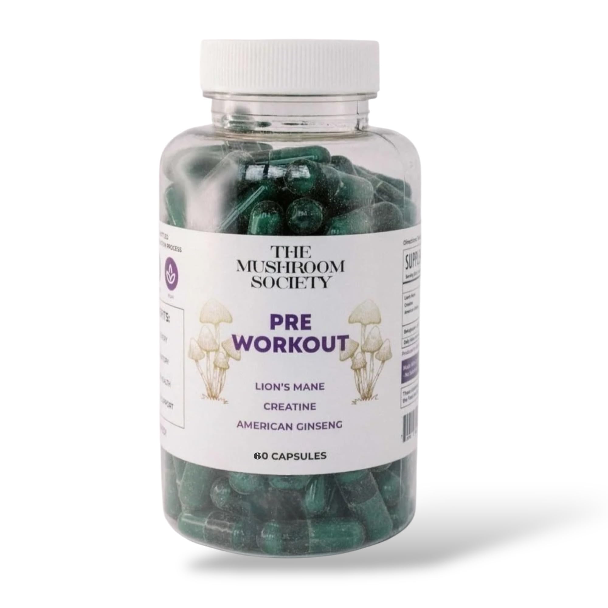 The Mushroom Society pre-workout bottle for focused energy during training.