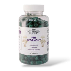 The Mushroom Society pre-workout bottle for focused energy during training.