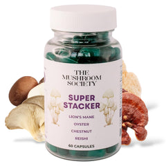 The Mushroom Society Super Stacker Lion's Mane capsules for focused daily energy.