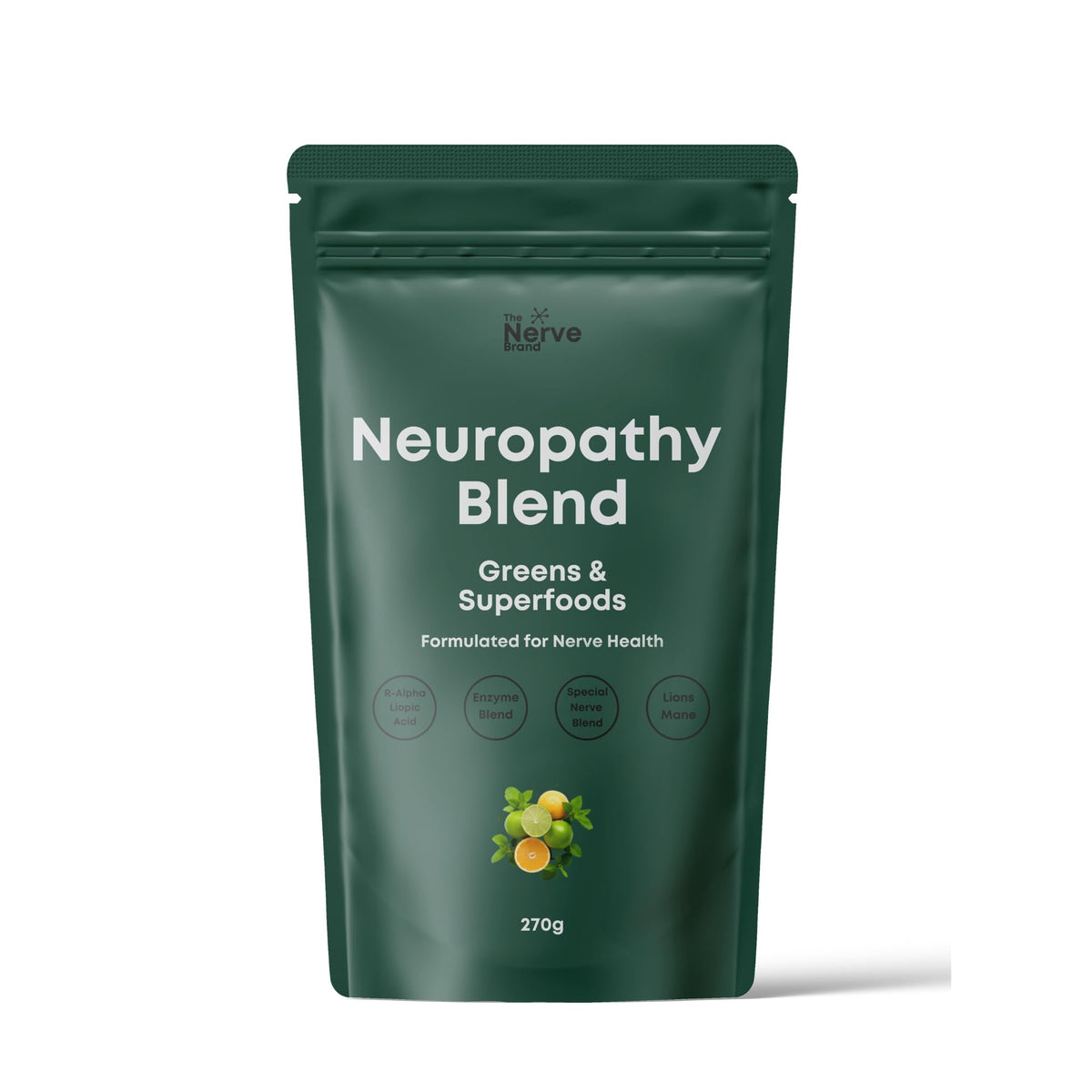 The Nerve Brand Neuropathy Superfood Blend bottle shows chocolate flavor for daily enjoyment