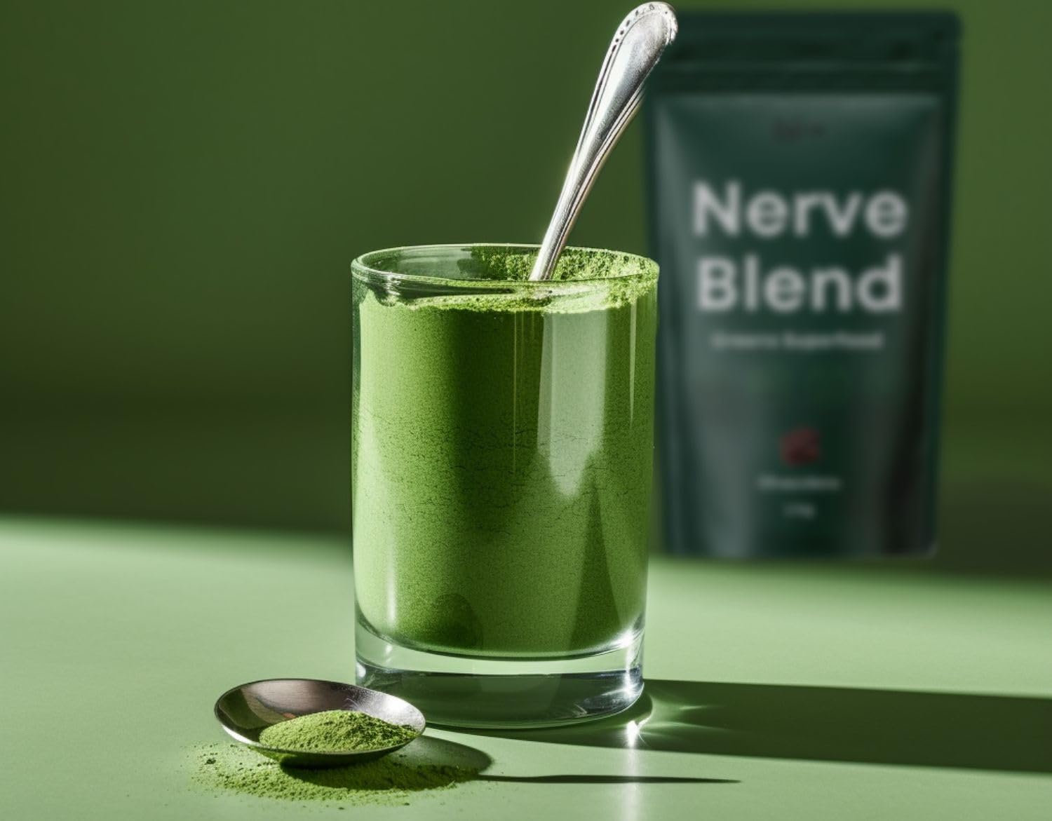 The Nerve Brand Neuropathy Superfood Blend scoop in glass illustrates easy daily mixing