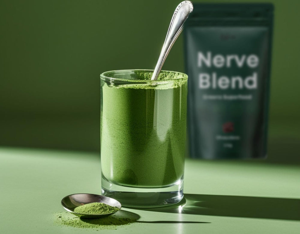 The Nerve Brand Neuropathy Superfood Blend scoop in glass illustrates easy daily mixing
