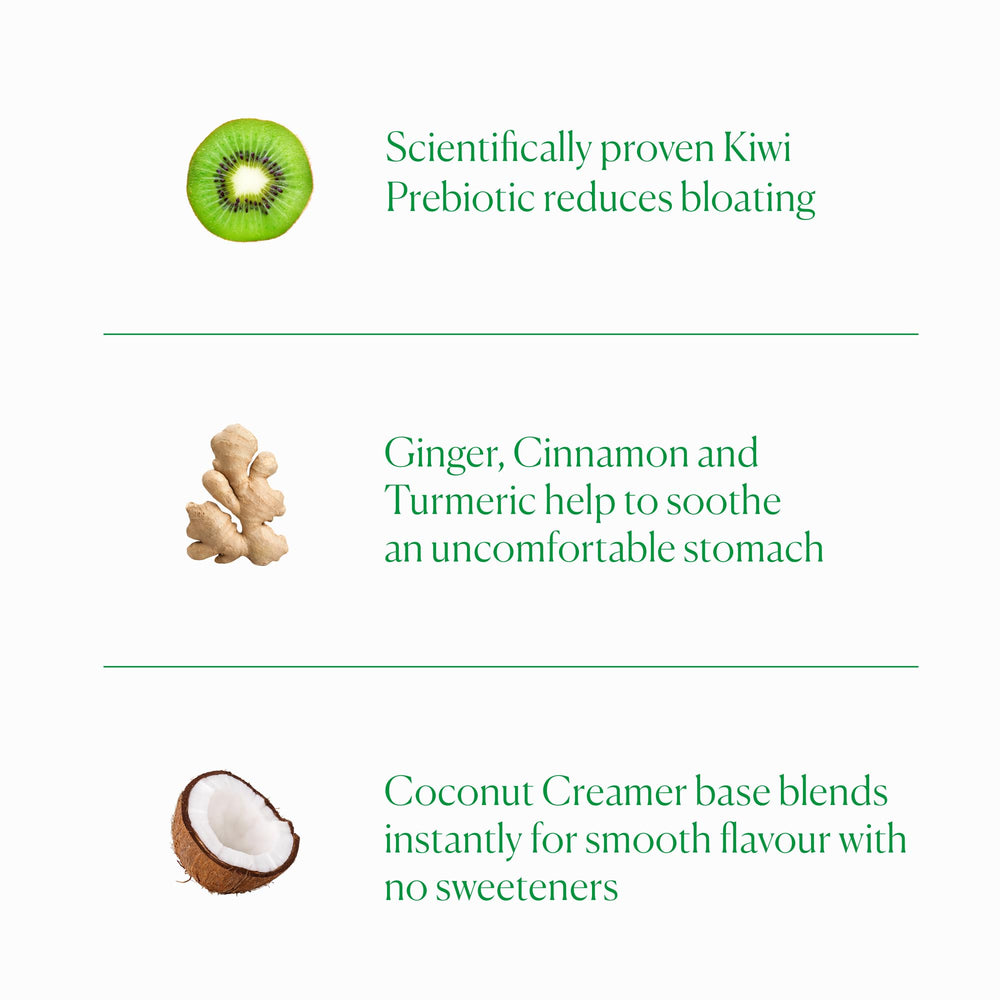 The Nue Co Debloat ingredient label close-up highlights turmeric and ginger benefits.