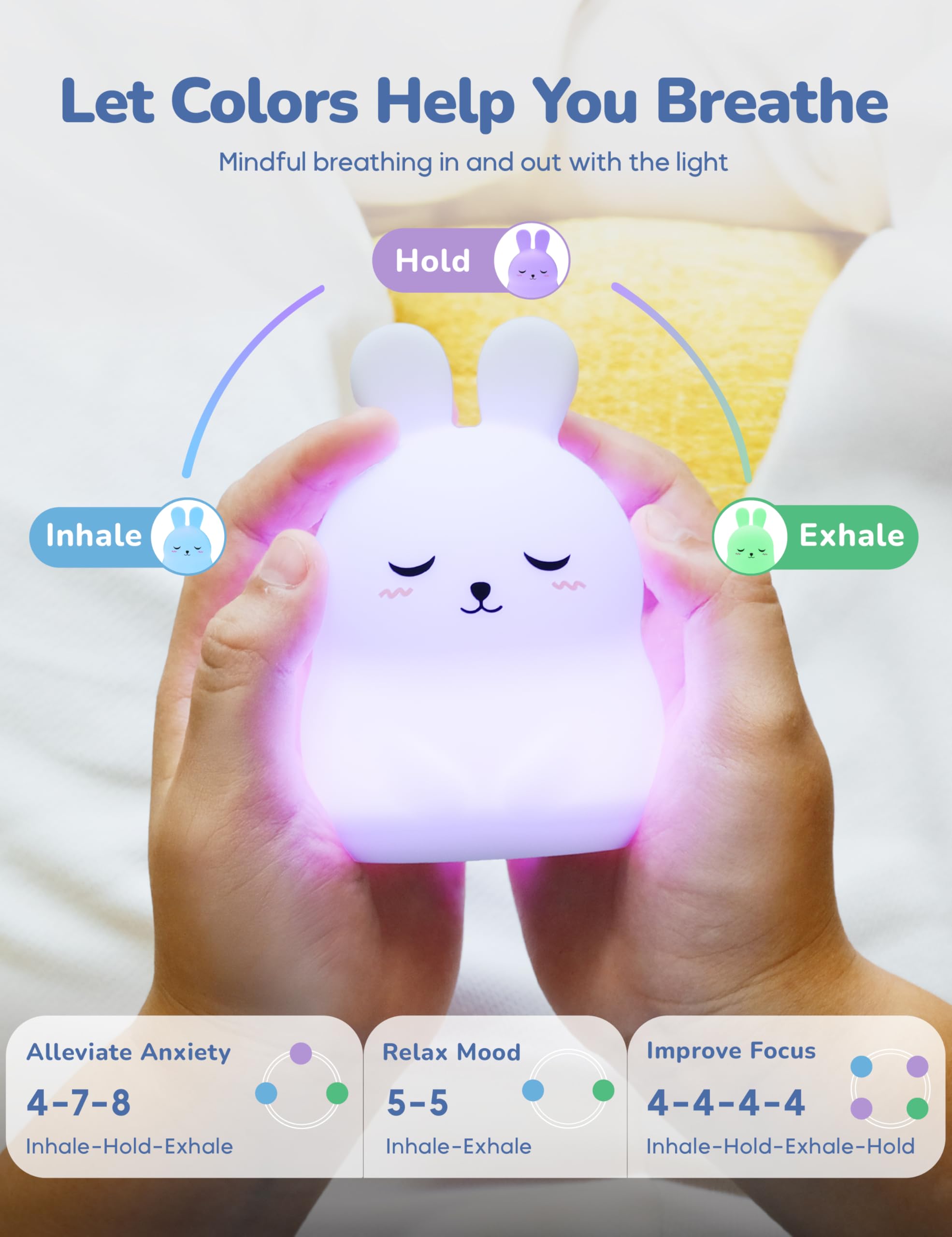 The Pal Company Breathing Pal Mini Bonnie lit glow demonstrates calming mode for mindfulness