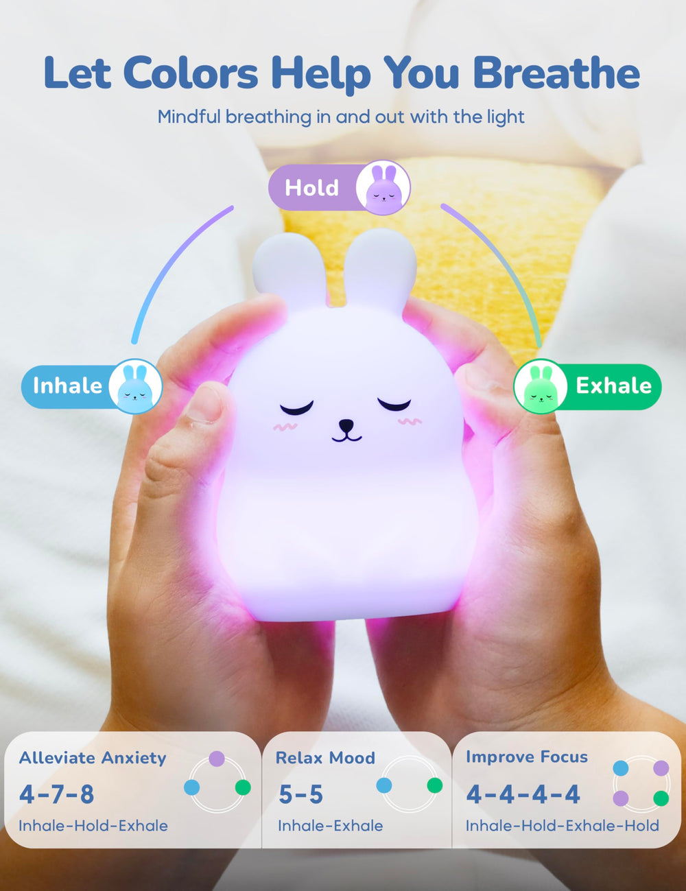 The Pal Company Breathing Pal Mini Bonnie lit glow demonstrates calming mode for mindfulness