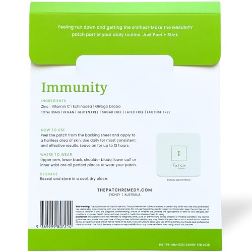 The Patch Remedy Immunity Patch 30-pack back view showing labeling and usage cues.