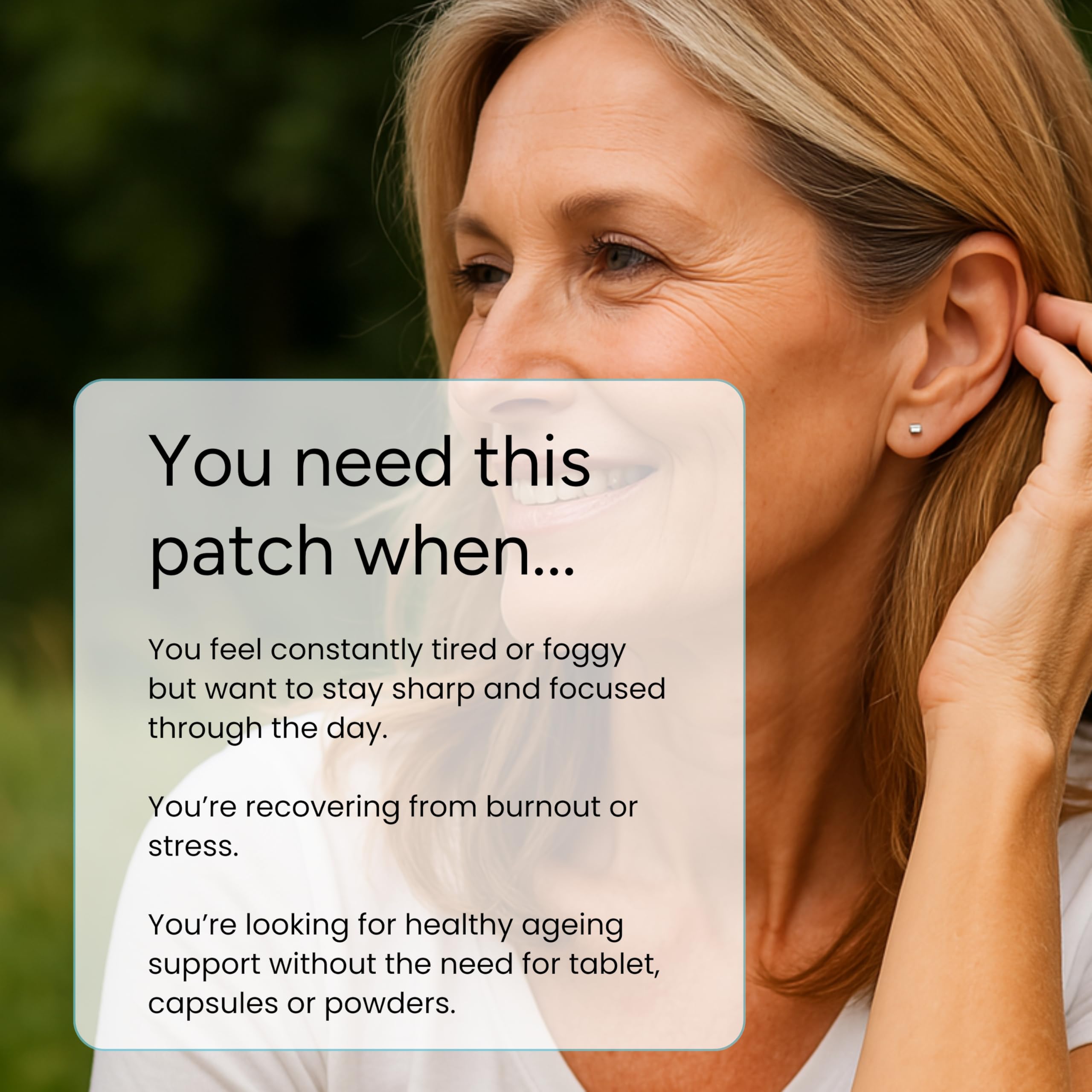 NAD+ patch designed for up to 12 hours of wear during daily activities.