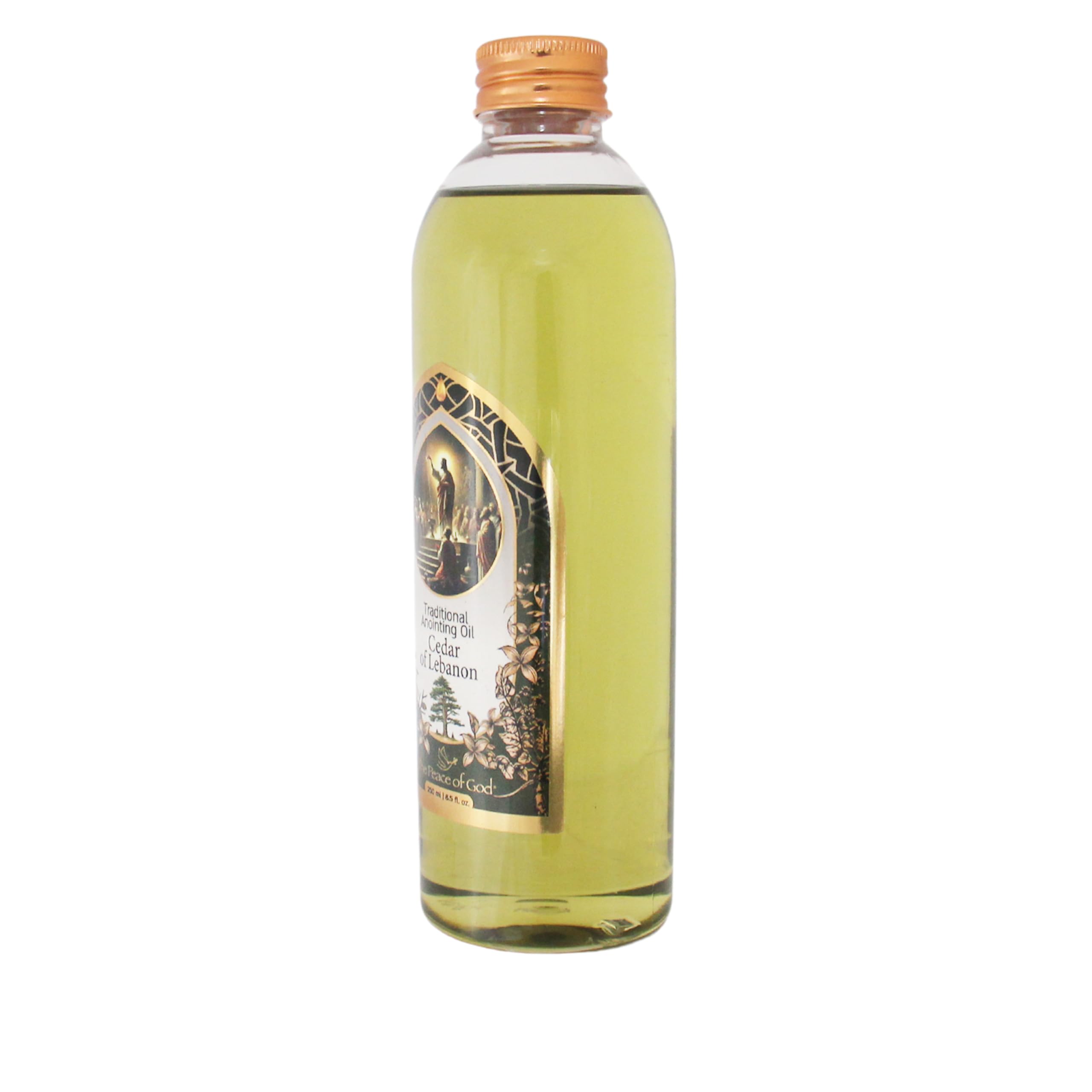 The Peace of God oil label detail highlighting sacred cedarwood and olive oils.