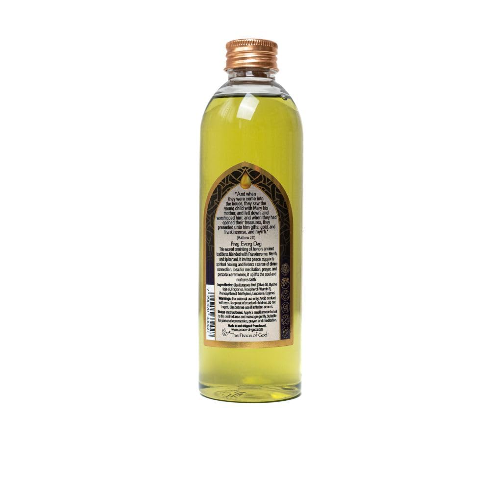 The Peace of God frankincense, myrrh, spikenard oil bottle closeup enhances sacred space during worship.