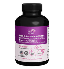 The Pink Bloom Myo-D-Chiro Inositol 40:1 bottle for balanced hormones and cycle support
