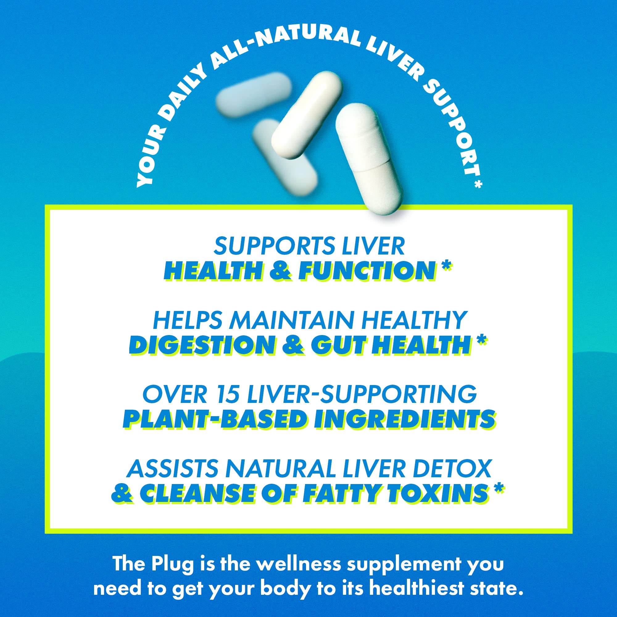 The Plug Liver Cleanse capsule close-up shows an herbal blend.