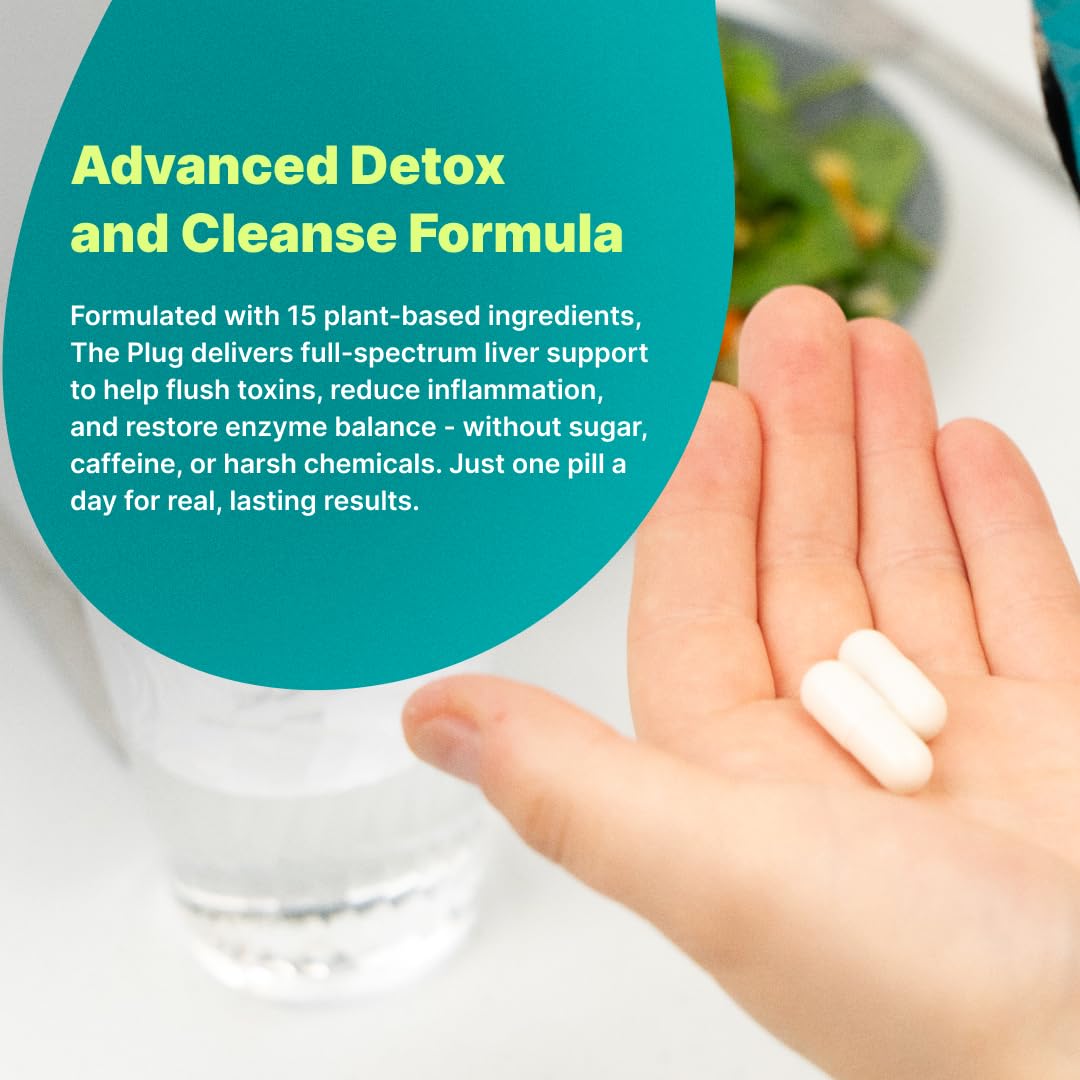 The Plug Liver Cleanse bottle and ingredients label highlighting 13 botanicals.
