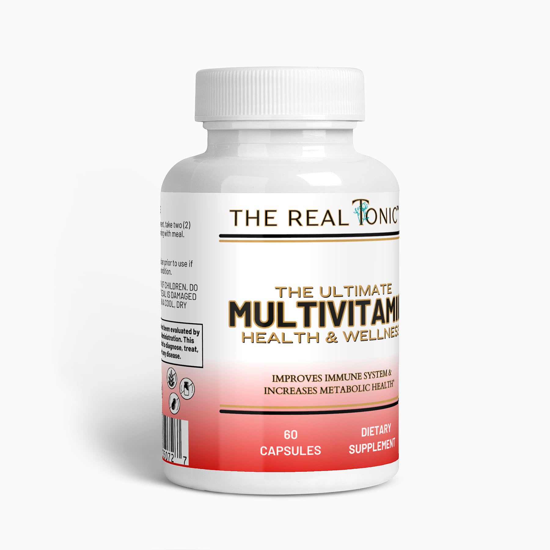 The Real Tonic multivitamin bottle front view highlights daily immune and energy support.