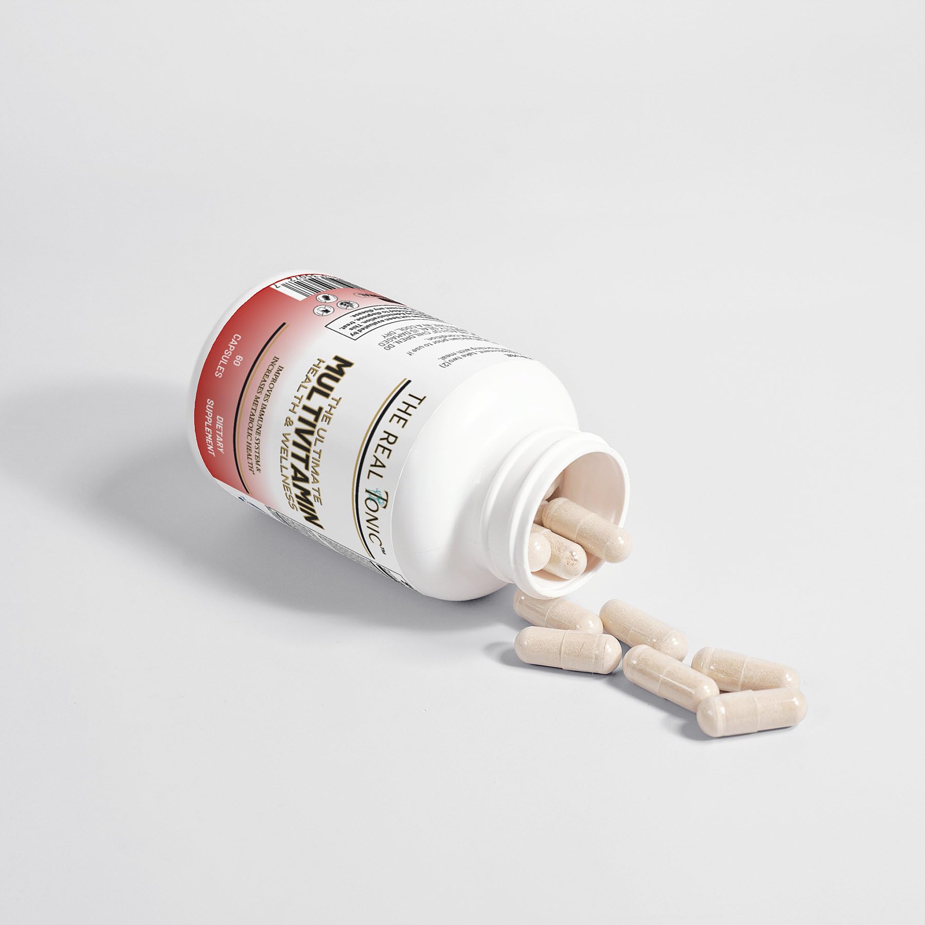 The Real Tonic packaging box demonstrates full 60-capsule supply for a month.