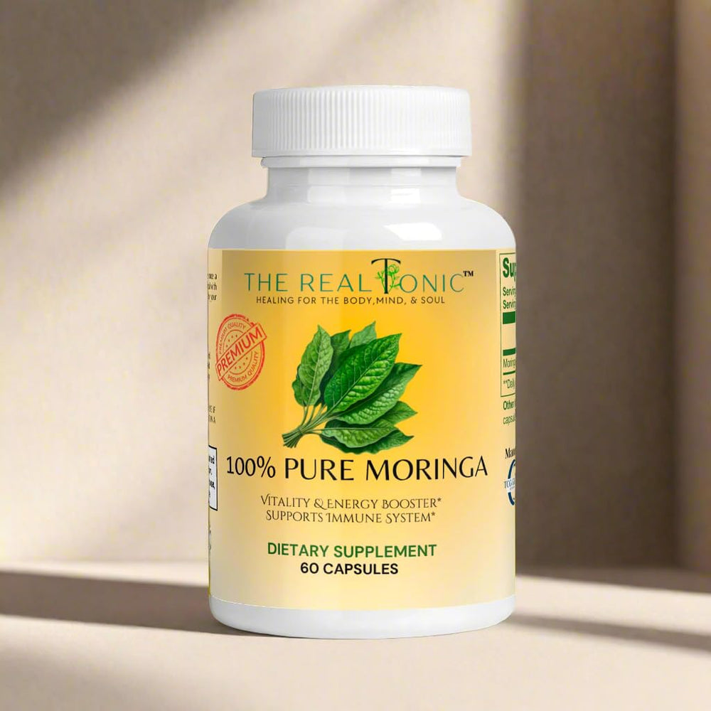 The Real Tonic Pure Moringa Capsule close-up for daily wellness support.