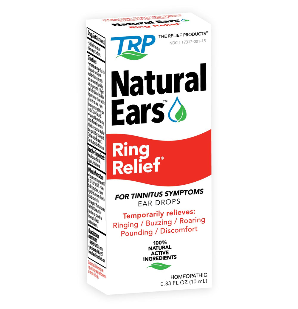 THE Relief Products Ring Relief Ear Drops bottle highlights 100% natural actives with potential tinnitus relief.