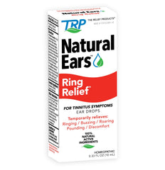 THE Relief Products Ring Relief Ear Drops bottle highlights 100% natural actives with potential tinnitus relief.