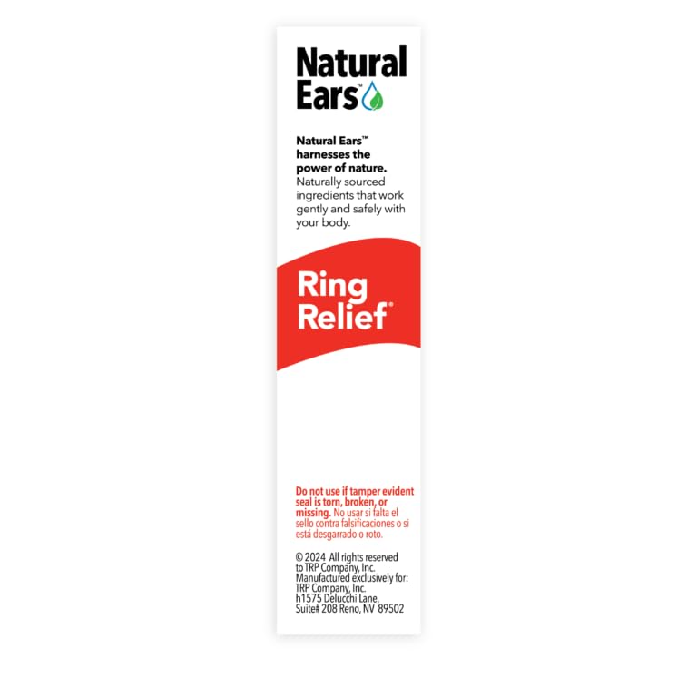 THE Relief Products Ring Relief Ear Drops label closeup highlights eight natural actives for potential relief.