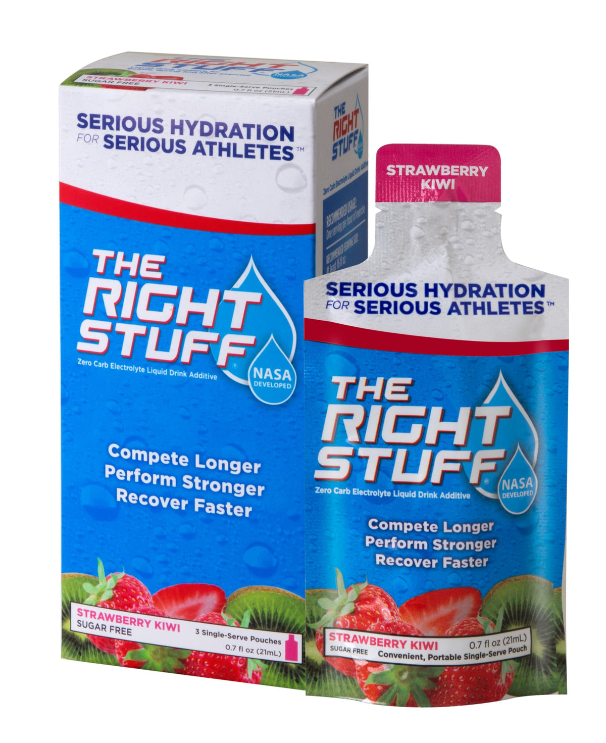 The Right Stuff 3-pouch box in strawberry kiwi for reliable on-the-go hydration.