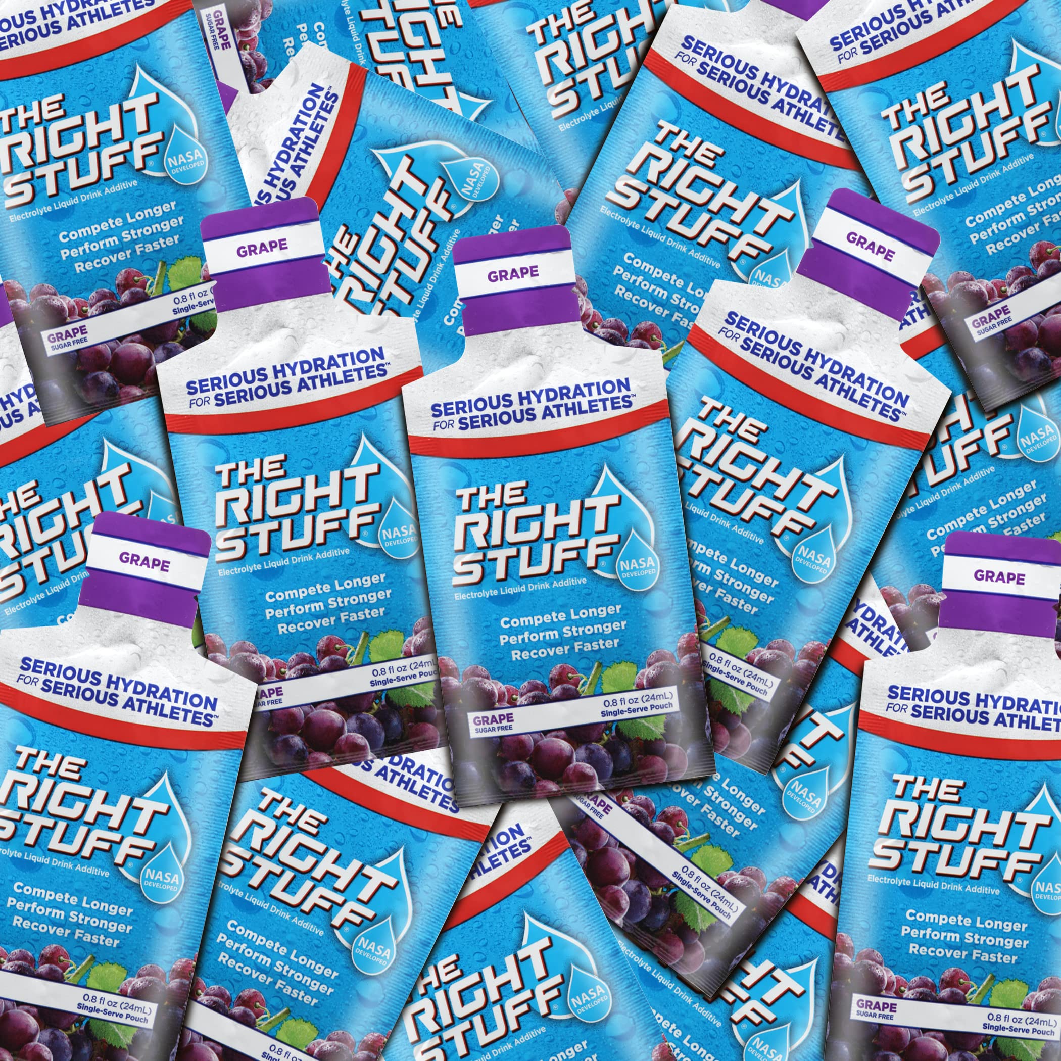 The Right Stuff grape pouch pack, portable hydration for workouts.