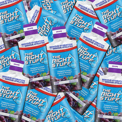 The Right Stuff grape pouch pack, portable hydration for workouts.