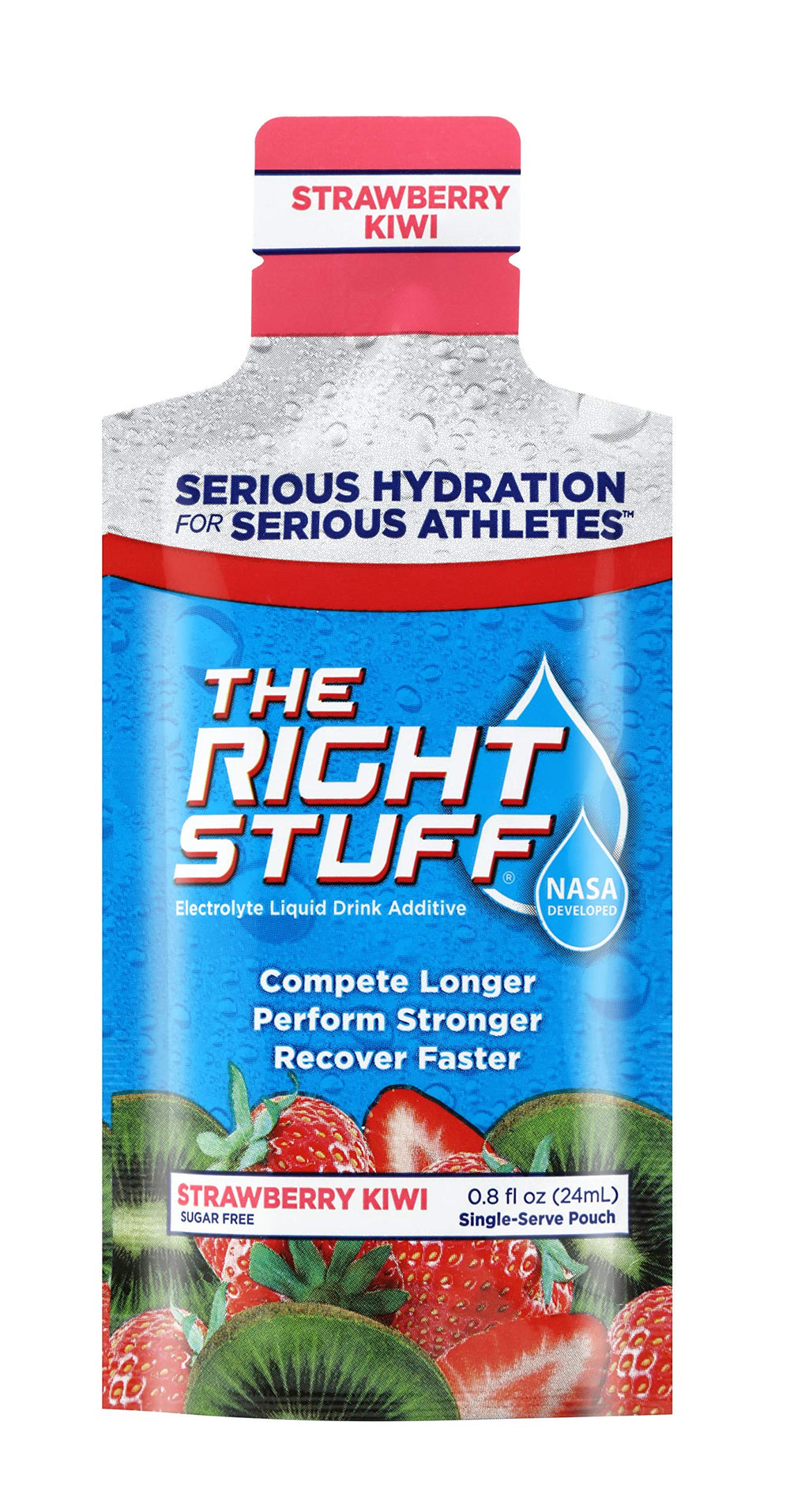 The Right Stuff strawberry kiwi pouch shows ten-pack packaging for travel.