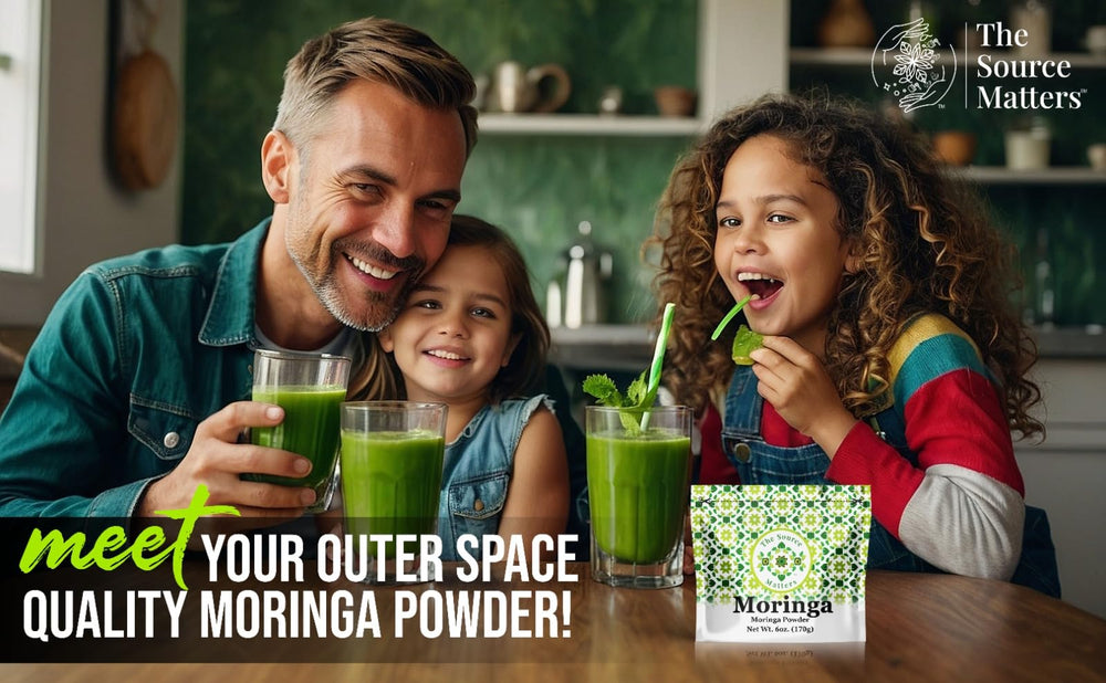 Moringa powder in a cup of tea showing easy preparation