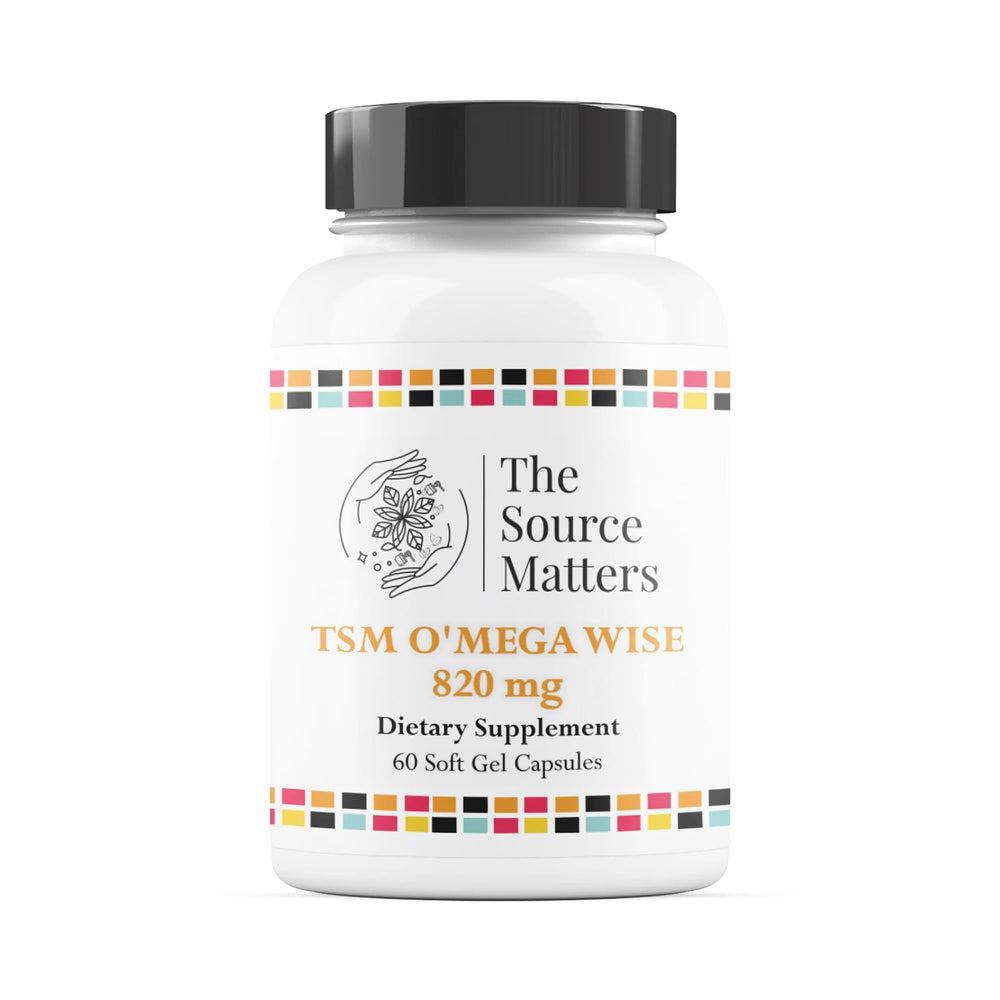 The Source Matters Omega-3 bottle closeup highlighting high-concentration EPA and DHA for heart health.