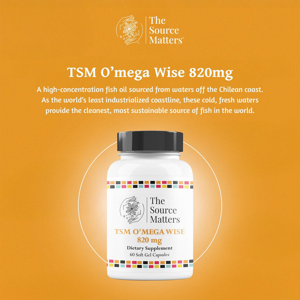 The Source Matters O'MEGA WISE softgels on table emphasizing purity and quality.