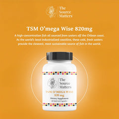 The Source Matters O'MEGA WISE softgels on table emphasizing purity and quality.