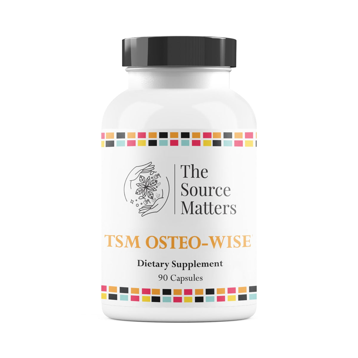 The Source Matters Osteo-Wise bottle closed with capsules for bone support.