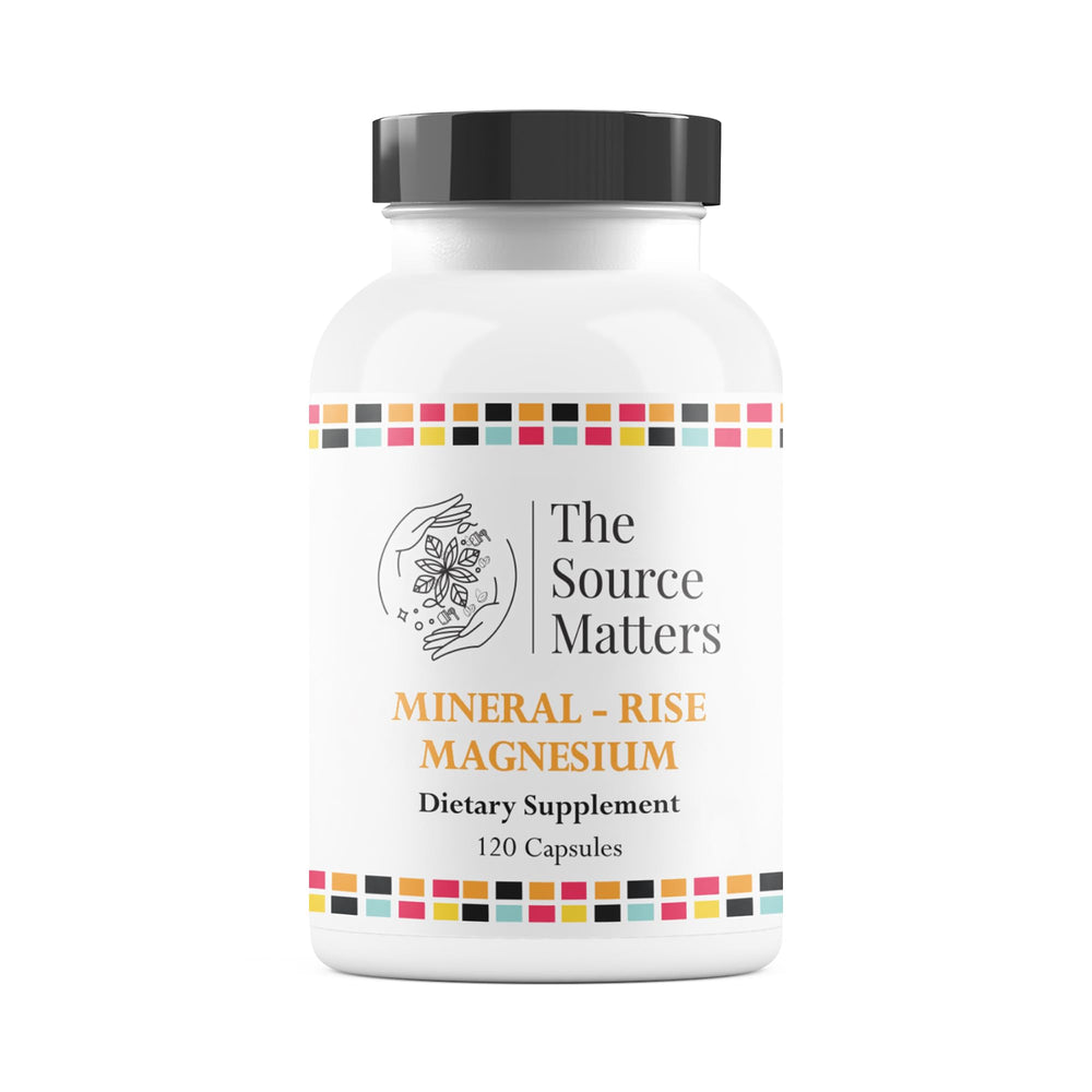 The Source Matters Rise Magnesium bottle label highlights three absorbed forms for better absorption