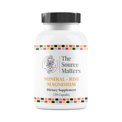 The Source Matters Rise Magnesium bottle label highlights three absorbed forms for better absorption
