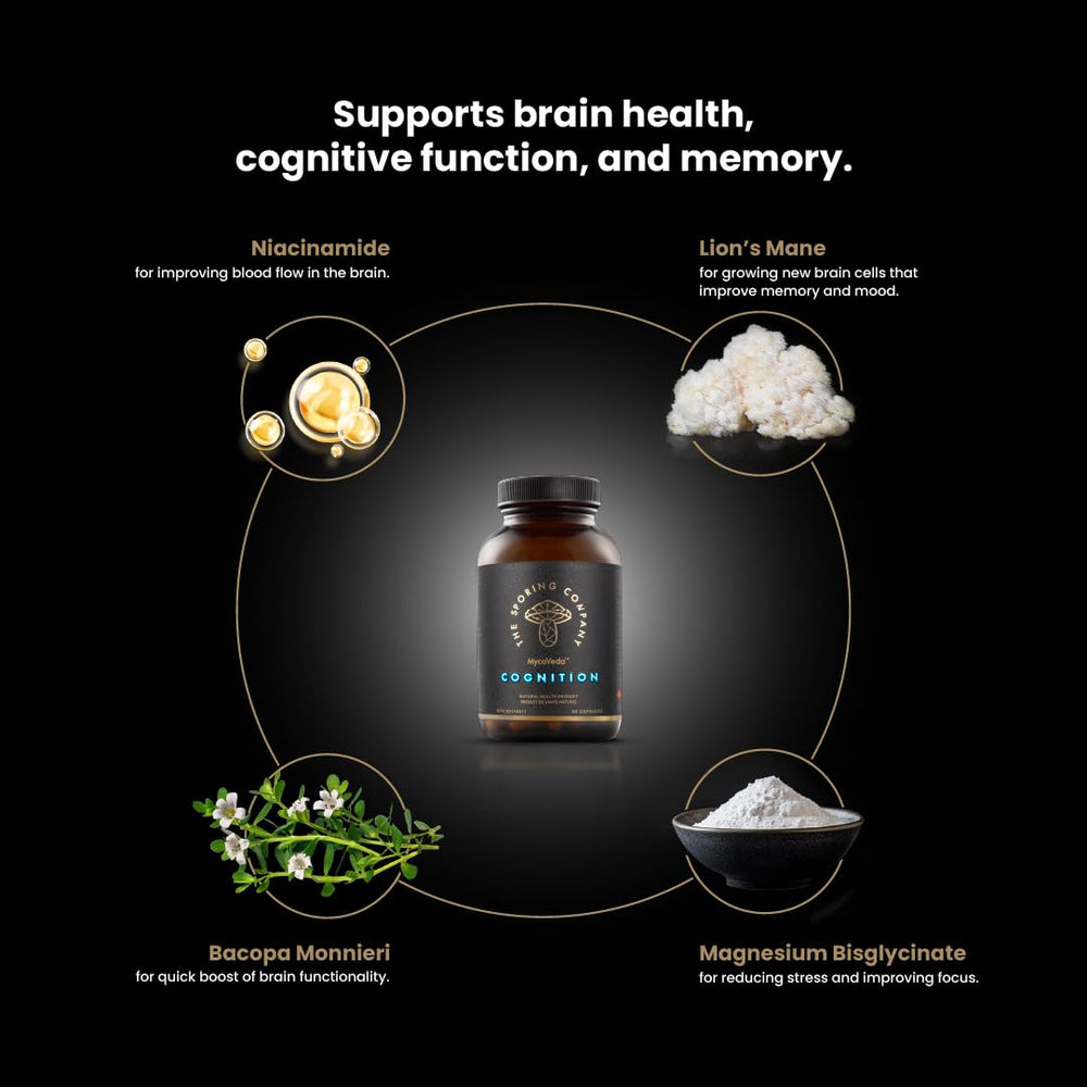 The Sporing Company Mycoveda Cognition desk scene with capsules and notebook to support study sessions.