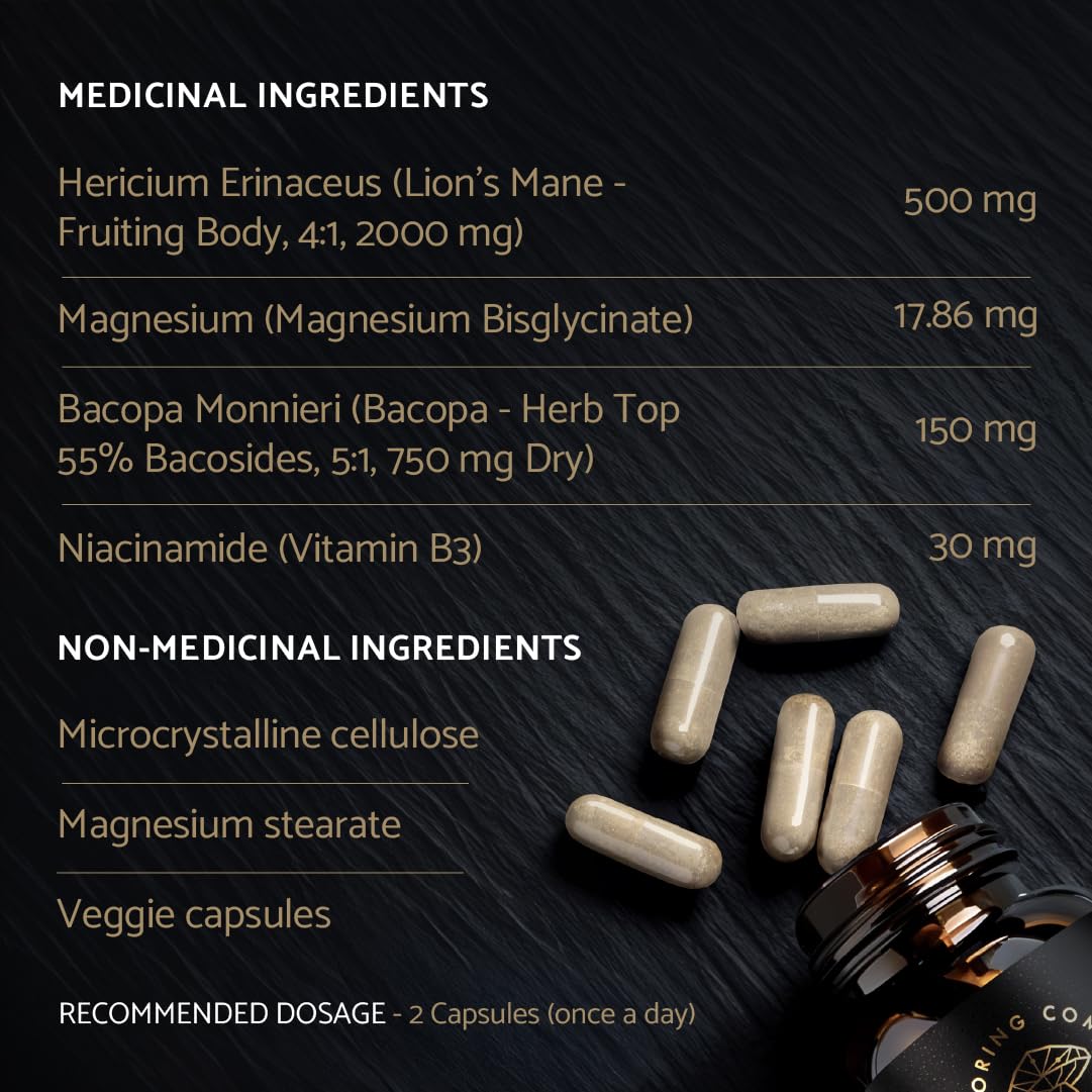 The Sporing Company Mycoveda Cognition morning routine with two capsules for focus.