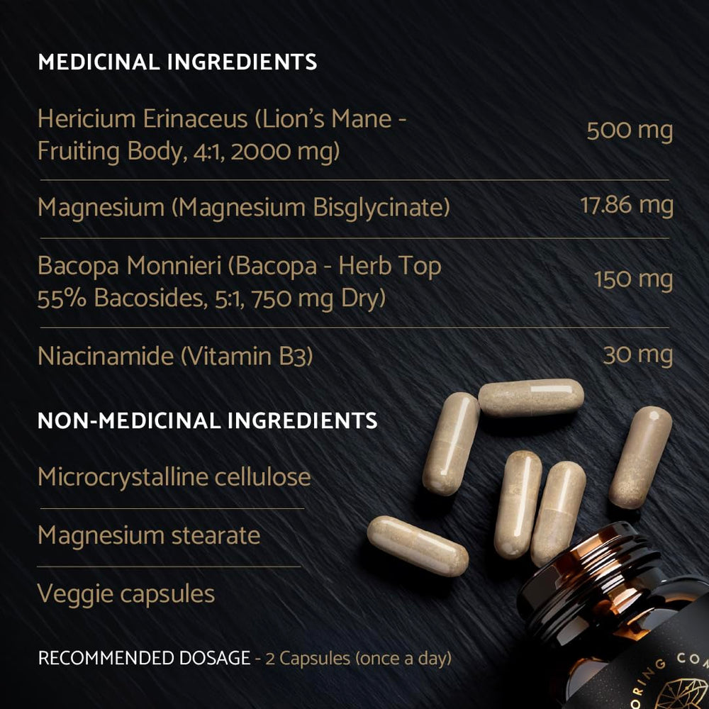 The Sporing Company Mycoveda Cognition morning routine with two capsules for focus.